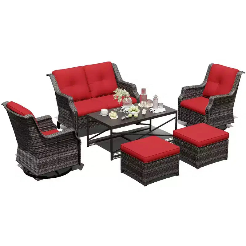 UPTIOT Outdoor-Modulset: 2-Sitzer-Sofa, 2 Schaukelstühle, 2 Ottomanen & Couchtisch für vielseitige Terrassennutzung