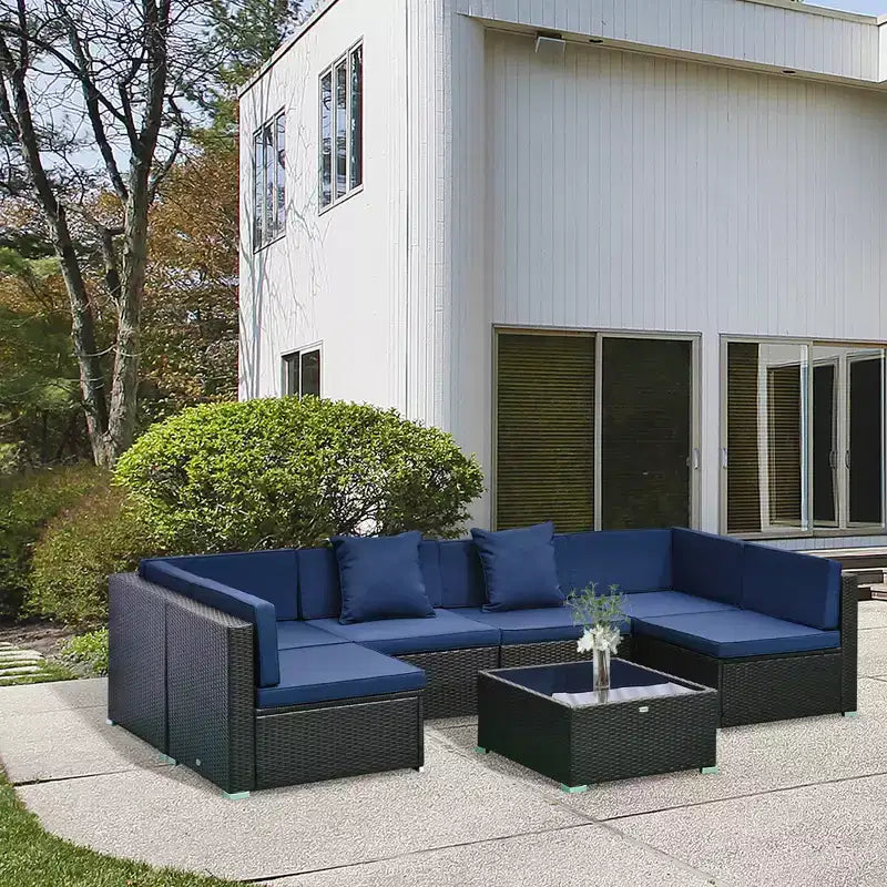 6-teiliges Loungeset mit Kissen, wetterfestem Polyrattan, 75 cm Sofasegment, Couchtisch mit Glasplatte für den Außenbereich