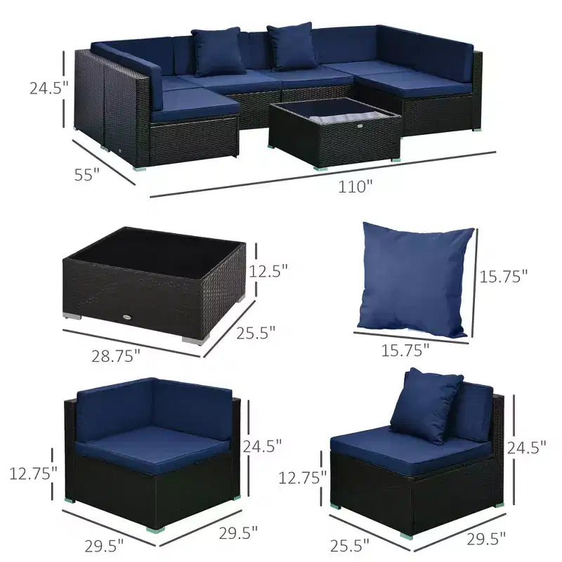 6-teiliges Loungeset mit Kissen, wetterfestem Polyrattan, 75 cm Sofasegment, Couchtisch mit Glasplatte für den Außenbereich