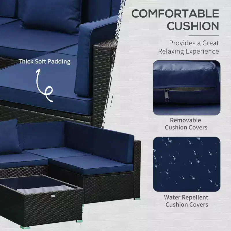 6-teiliges Loungeset mit Kissen, wetterfestem Polyrattan, 75 cm Sofasegment, Couchtisch mit Glasplatte für den Außenbereich