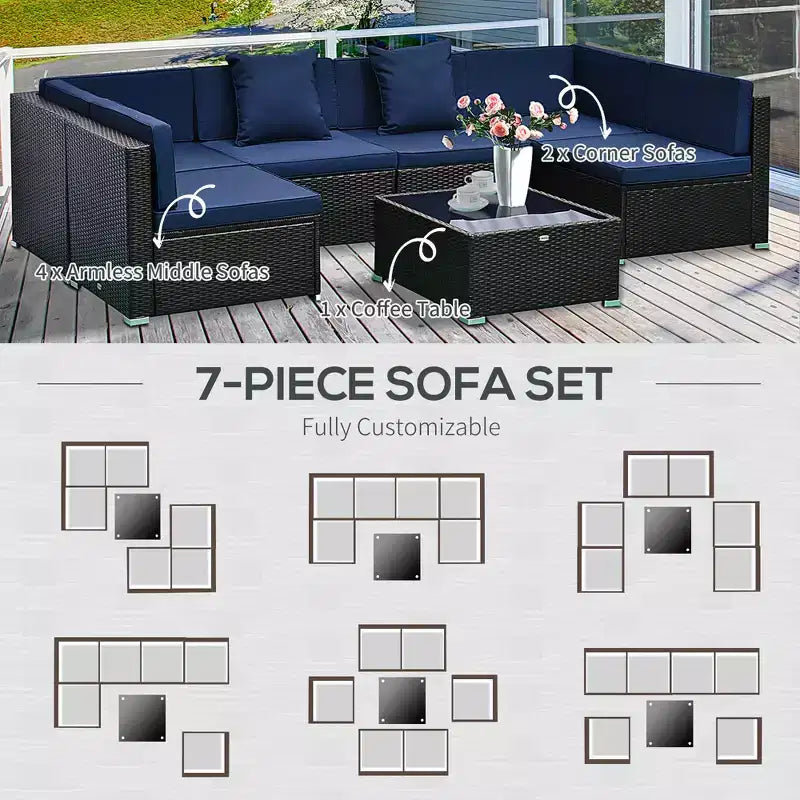 6-teiliges Loungeset mit Kissen, wetterfestem Polyrattan, 75 cm Sofasegment, Couchtisch mit Glasplatte für den Außenbereich