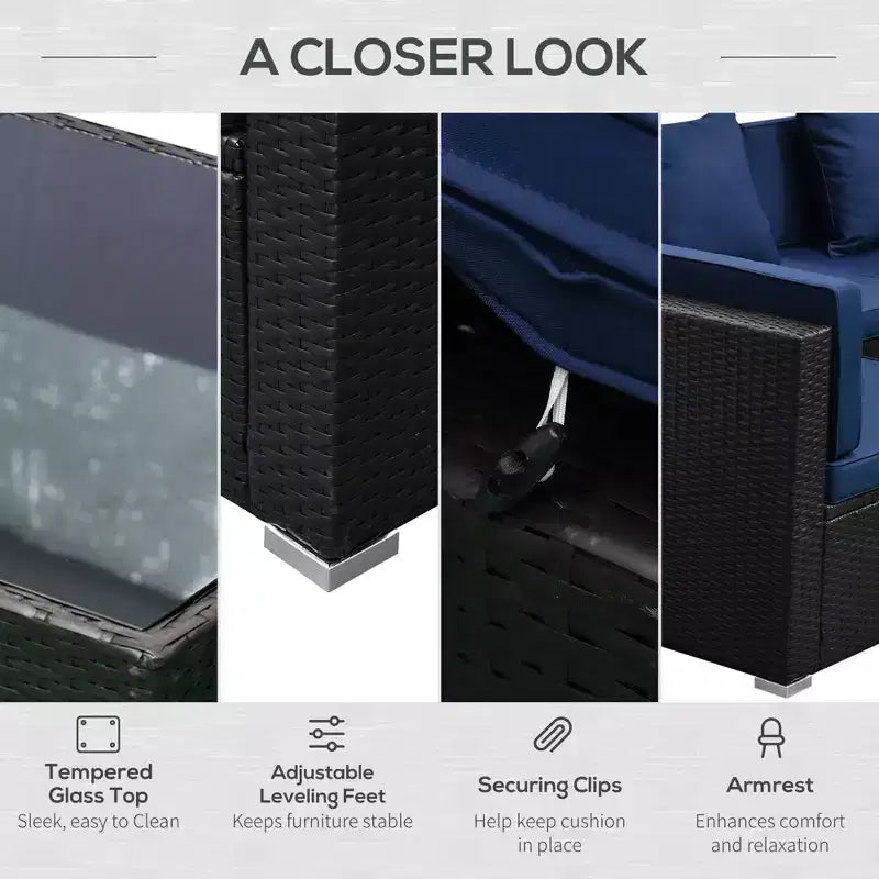 6-teiliges Loungeset mit Kissen, wetterfestem Polyrattan, 75 cm Sofasegment, Couchtisch mit Glasplatte für den Außenbereich