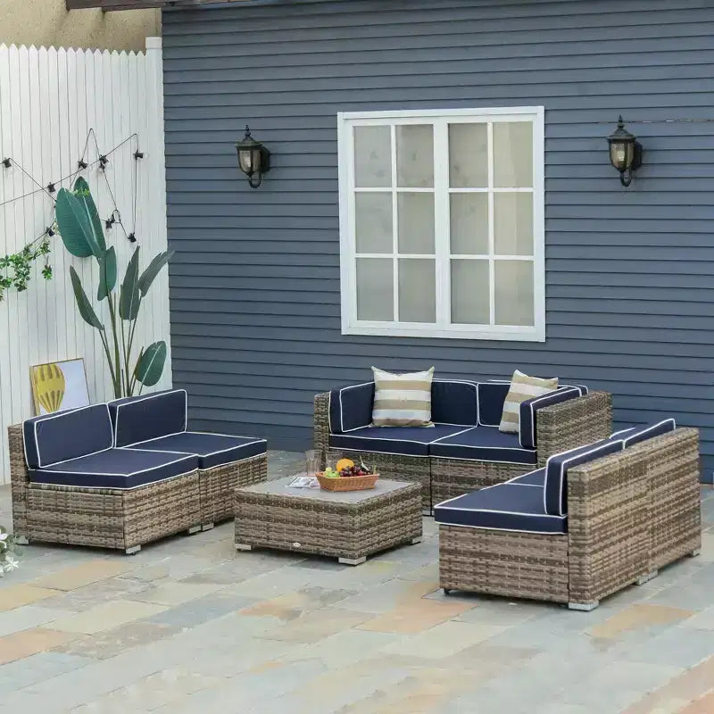 6-teiliges Loungeset mit Kissen, wetterfestem Polyrattan, 75 cm Sofasegment, Couchtisch mit Glasplatte für den Außenbereich