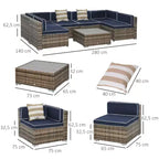 6-teiliges Loungeset mit Kissen, wetterfestem Polyrattan, 75 cm Sofasegment, Couchtisch mit Glasplatte für den Außenbereich