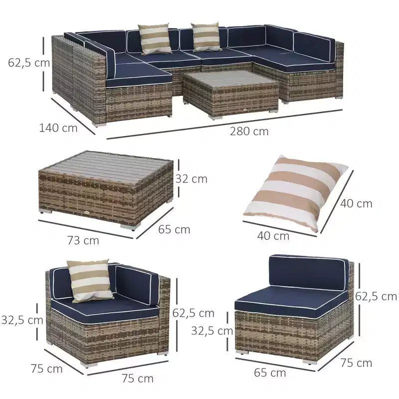 6-teiliges Loungeset mit Kissen, wetterfestem Polyrattan, 75 cm Sofasegment, Couchtisch mit Glasplatte für den Außenbereich