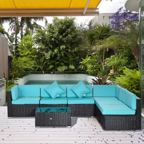 6-teiliges Loungeset mit Kissen, wetterfestem Polyrattan, 75 cm Sofasegment, Couchtisch mit Glasplatte für den Außenbereich