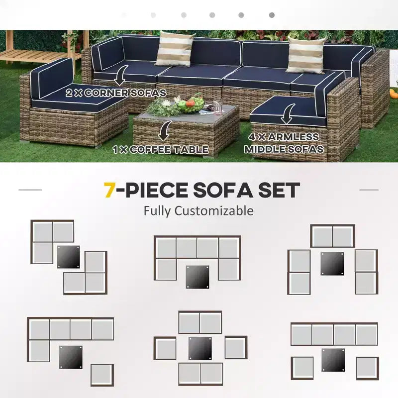 6-teiliges Loungeset mit Kissen, wetterfestem Polyrattan, 75 cm Sofasegment, Couchtisch mit Glasplatte für den Außenbereich