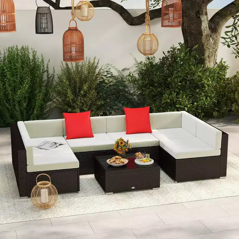 6-teiliges Loungeset mit Kissen, wetterfestem Polyrattan, 75 cm Sofasegment, Couchtisch mit Glasplatte für den Außenbereich