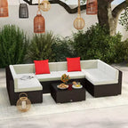 6-teiliges Loungeset mit Kissen, wetterfestem Polyrattan, 75 cm Sofasegment, Couchtisch mit Glasplatte für den Außenbereich