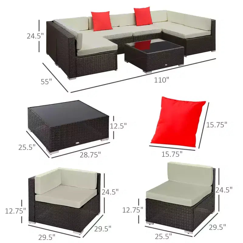6-teiliges Loungeset mit Kissen, wetterfestem Polyrattan, 75 cm Sofasegment, Couchtisch mit Glasplatte für den Außenbereich