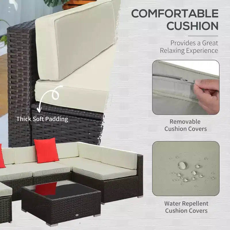 6-teiliges Loungeset mit Kissen, wetterfestem Polyrattan, 75 cm Sofasegment, Couchtisch mit Glasplatte für den Außenbereich