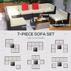 6-teiliges Loungeset mit Kissen, wetterfestem Polyrattan, 75 cm Sofasegment, Couchtisch mit Glasplatte für den Außenbereich