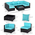6-teiliges Loungeset mit Kissen, wetterfestem Polyrattan, 75 cm Sofasegment, Couchtisch mit Glasplatte für den Außenbereich