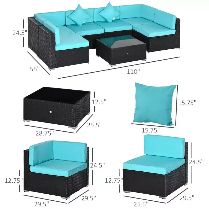 6-teiliges Loungeset mit Kissen, wetterfestem Polyrattan, 75 cm Sofasegment, Couchtisch mit Glasplatte für den Außenbereich