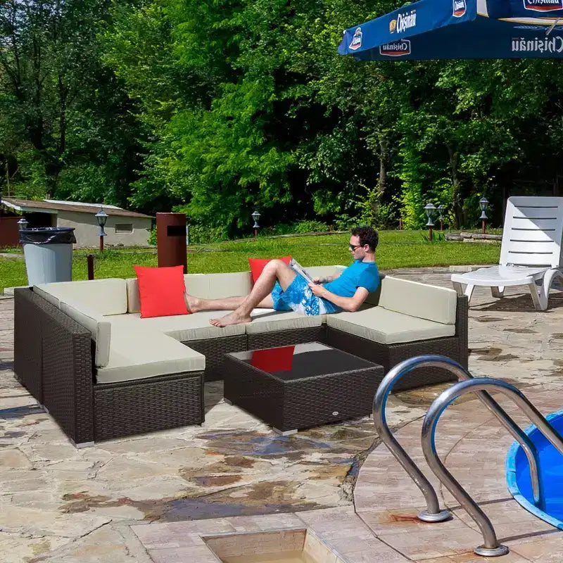6-teiliges Loungeset mit Kissen, wetterfestem Polyrattan, 75 cm Sofasegment, Couchtisch mit Glasplatte für den Außenbereich