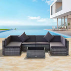 6-teiliges Loungeset mit Kissen, wetterfestem Polyrattan, 75 cm Sofasegment, Couchtisch mit Glasplatte für den Außenbereich