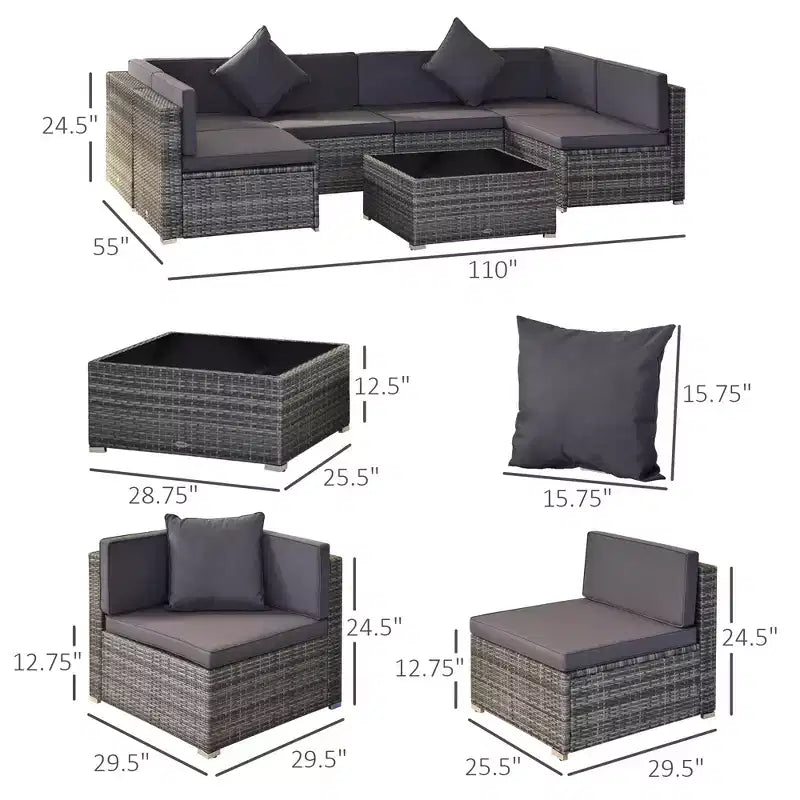 6-teiliges Loungeset mit Kissen, wetterfestem Polyrattan, 75 cm Sofasegment, Couchtisch mit Glasplatte für den Außenbereich