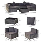 6-teiliges Loungeset mit Kissen, wetterfestem Polyrattan, 75 cm Sofasegment, Couchtisch mit Glasplatte für den Außenbereich