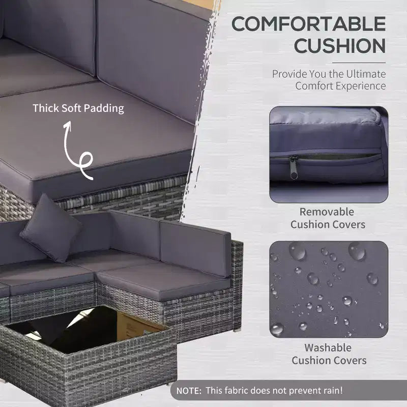 6-teiliges Loungeset mit Kissen, wetterfestem Polyrattan, 75 cm Sofasegment, Couchtisch mit Glasplatte für den Außenbereich