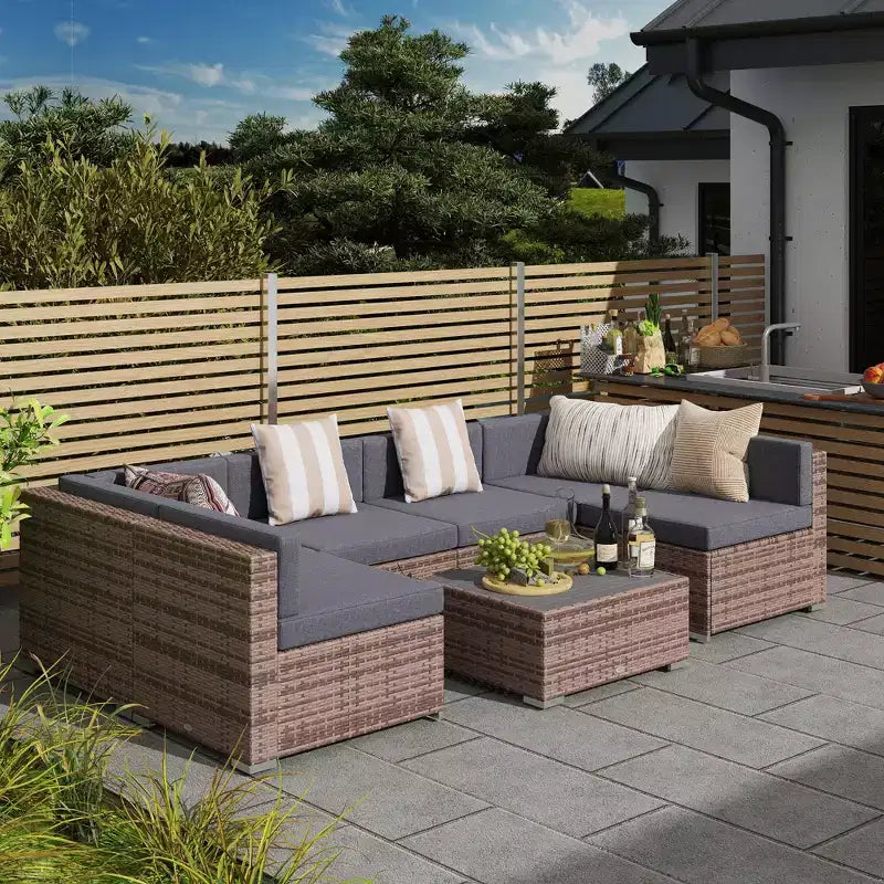 6-teiliges Loungeset mit Kissen, wetterfestem Polyrattan, 75 cm Sofasegment, Couchtisch mit Glasplatte für den Außenbereich