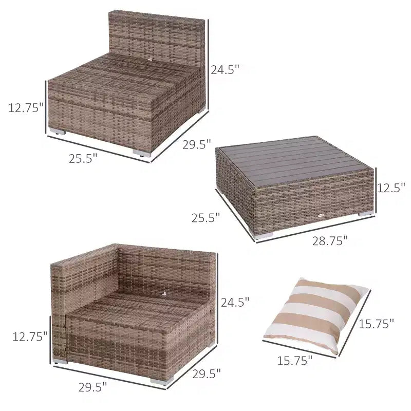 6-teiliges Loungeset mit Kissen, wetterfestem Polyrattan, 75 cm Sofasegment, Couchtisch mit Glasplatte für den Außenbereich