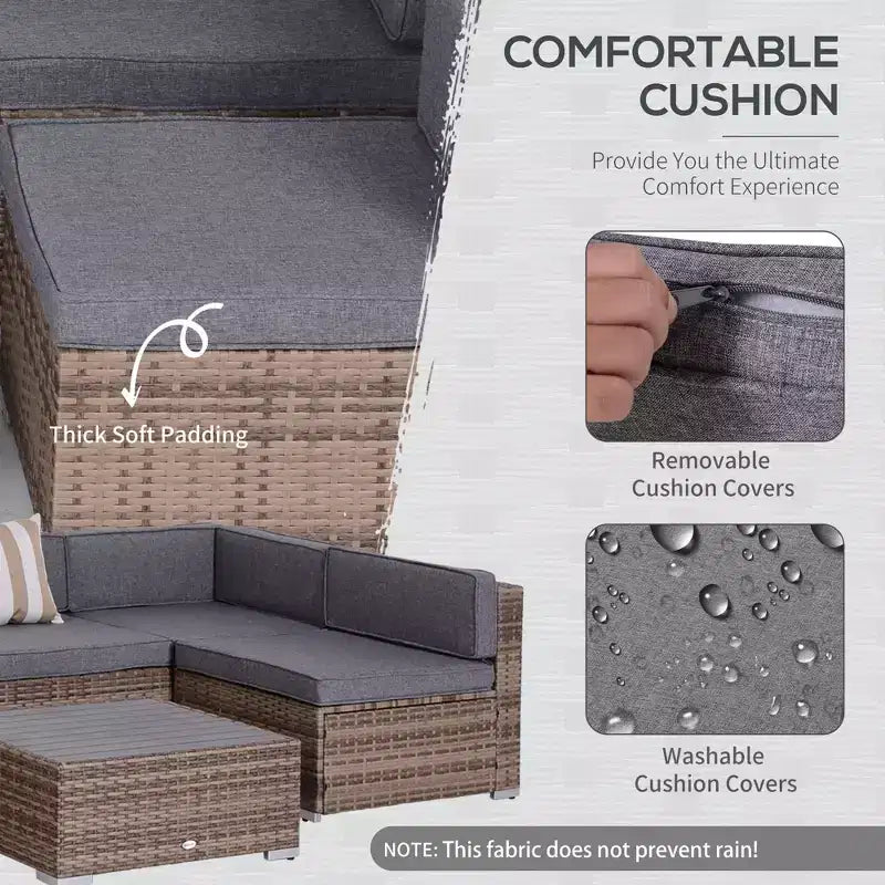 6-teiliges Loungeset mit Kissen, wetterfestem Polyrattan, 75 cm Sofasegment, Couchtisch mit Glasplatte für den Außenbereich