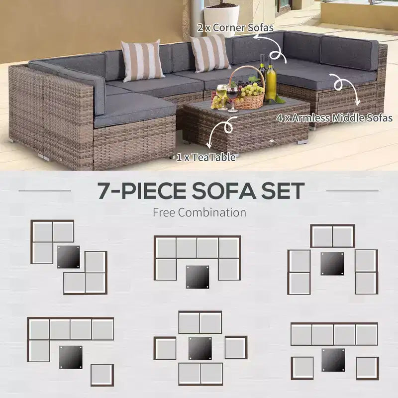 6-teiliges Loungeset mit Kissen, wetterfestem Polyrattan, 75 cm Sofasegment, Couchtisch mit Glasplatte für den Außenbereich