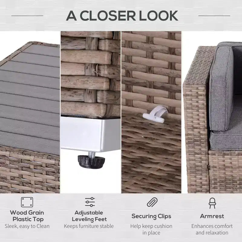 6-teiliges Loungeset mit Kissen, wetterfestem Polyrattan, 75 cm Sofasegment, Couchtisch mit Glasplatte für den Außenbereich