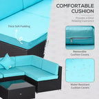 6-teiliges Loungeset mit Kissen, wetterfestem Polyrattan, 75 cm Sofasegment, Couchtisch mit Glasplatte für den Außenbereich