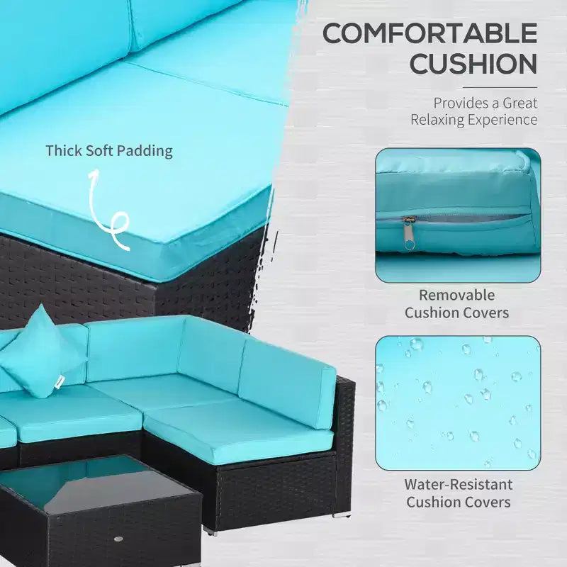 6-teiliges Loungeset mit Kissen, wetterfestem Polyrattan, 75 cm Sofasegment, Couchtisch mit Glasplatte für den Außenbereich