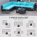 6-teiliges Loungeset mit Kissen, wetterfestem Polyrattan, 75 cm Sofasegment, Couchtisch mit Glasplatte für den Außenbereich