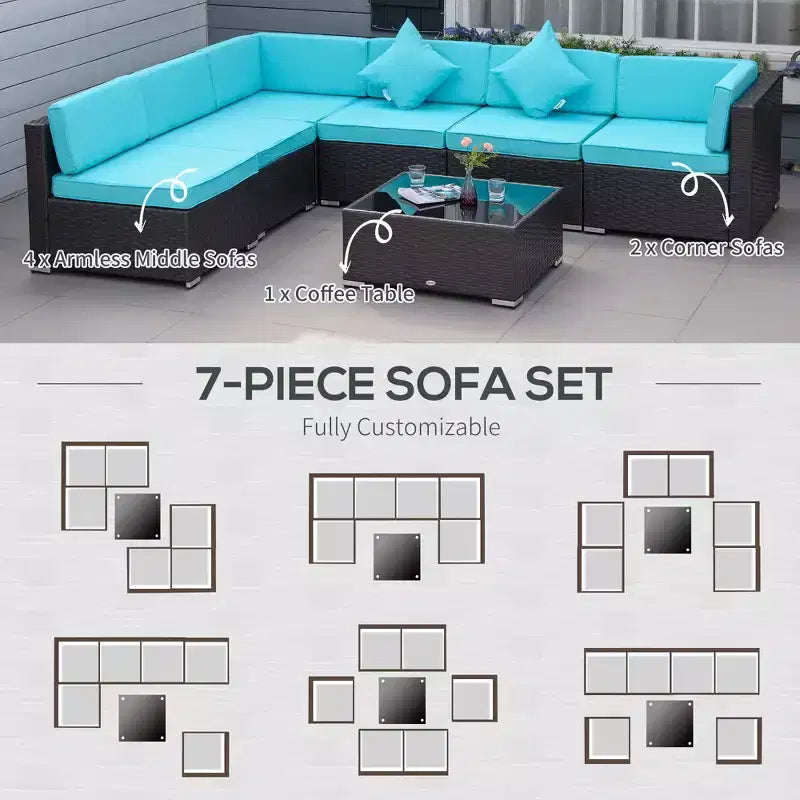 6-teiliges Loungeset mit Kissen, wetterfestem Polyrattan, 75 cm Sofasegment, Couchtisch mit Glasplatte für den Außenbereich