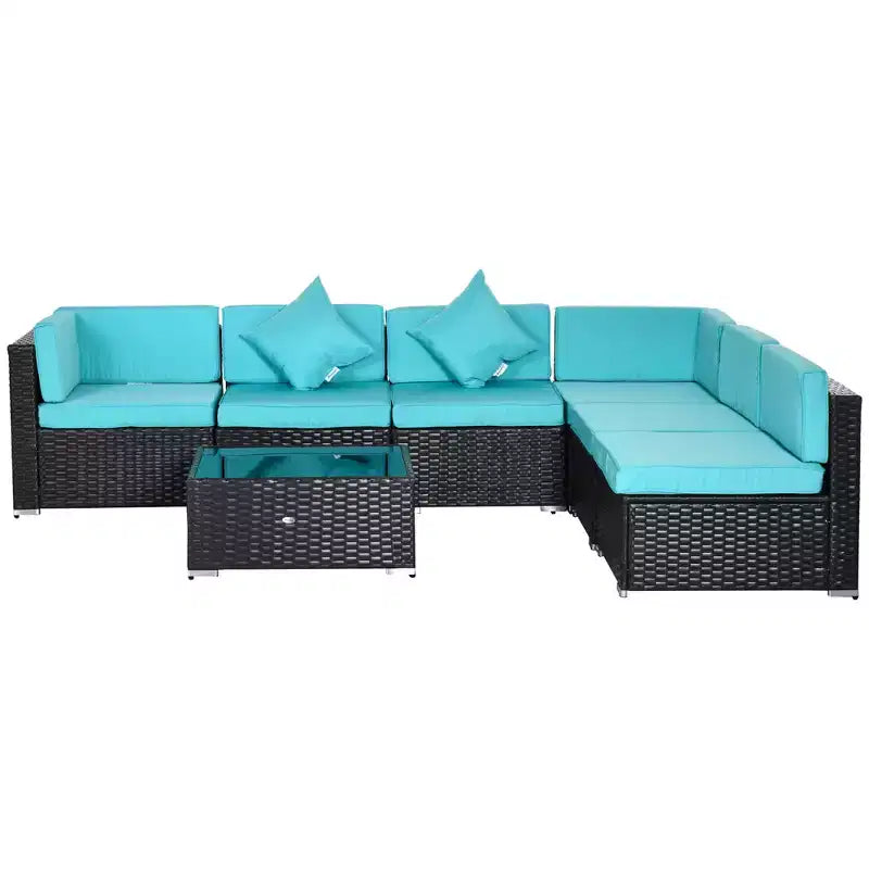 6-teiliges Loungeset mit Kissen, wetterfestem Polyrattan, 75 cm Sofasegment, Couchtisch mit Glasplatte für den Außenbereich