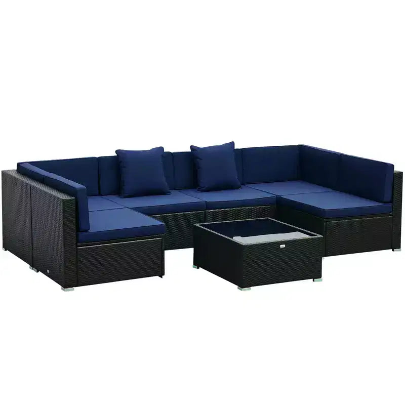 6-teiliges Loungeset mit Kissen, wetterfestem Polyrattan, 75 cm Sofasegment, Couchtisch mit Glasplatte für den Außenbereich