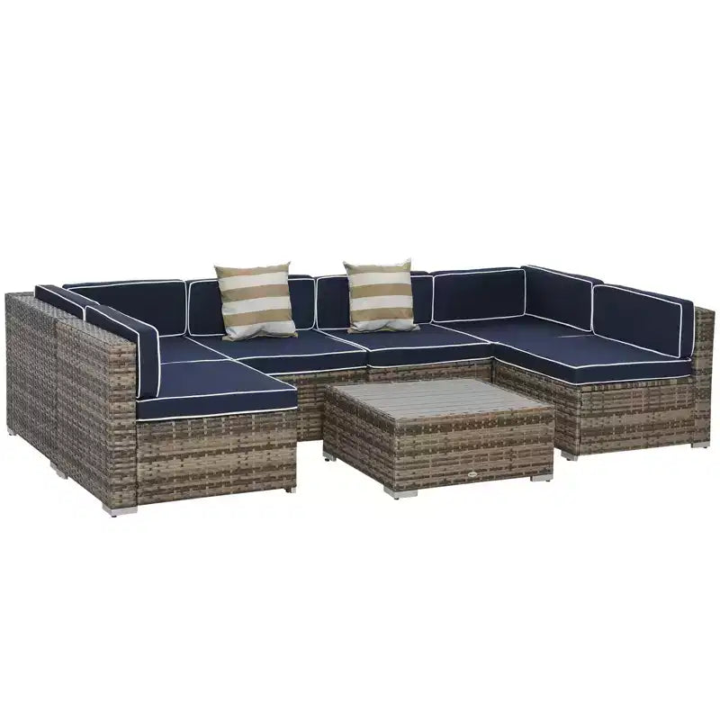 6-teiliges Loungeset mit Kissen, wetterfestem Polyrattan, 75 cm Sofasegment, Couchtisch mit Glasplatte für den Außenbereich