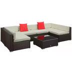 6-teiliges Loungeset mit Kissen, wetterfestem Polyrattan, 75 cm Sofasegment, Couchtisch mit Glasplatte für den Außenbereich