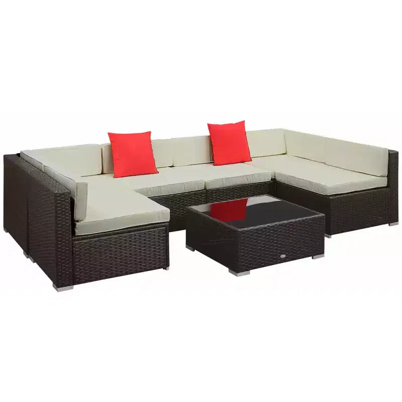6-teiliges Loungeset mit Kissen, wetterfestem Polyrattan, 75 cm Sofasegment, Couchtisch mit Glasplatte für den Außenbereich