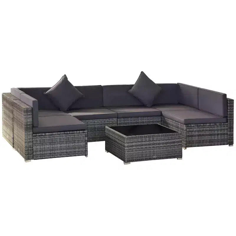 6-teiliges Loungeset mit Kissen, wetterfestem Polyrattan, 75 cm Sofasegment, Couchtisch mit Glasplatte für den Außenbereich