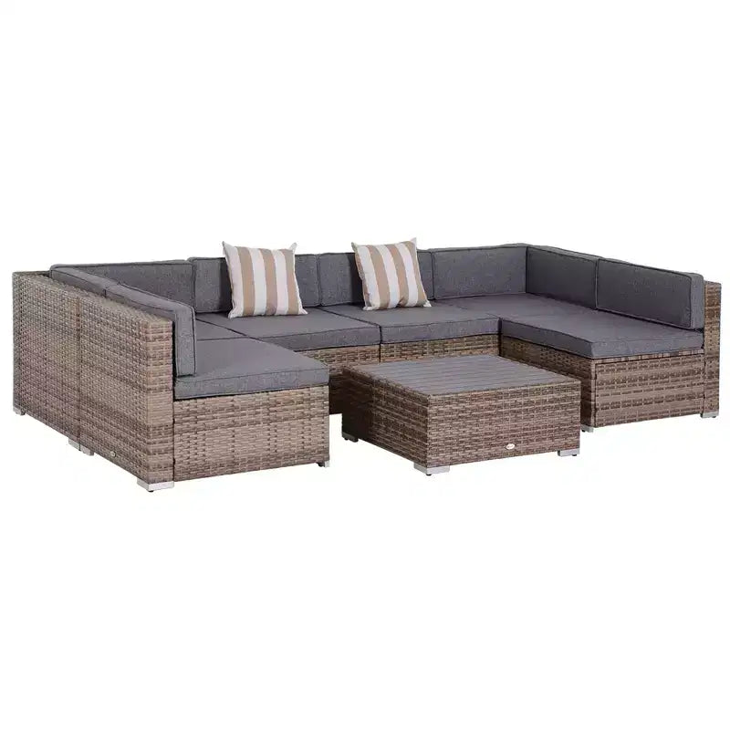 6-teiliges Loungeset mit Kissen, wetterfestem Polyrattan, 75 cm Sofasegment, Couchtisch mit Glasplatte für den Außenbereich