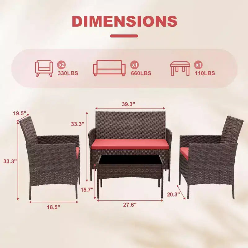 4-teiliges Terrassenmöbel-Set aus Korbgeflecht mit Couchtisch aus Glas, graues Rattan-Sitzgruppe mit waschbaren Kissen für Garten, Veranda und Terrasse