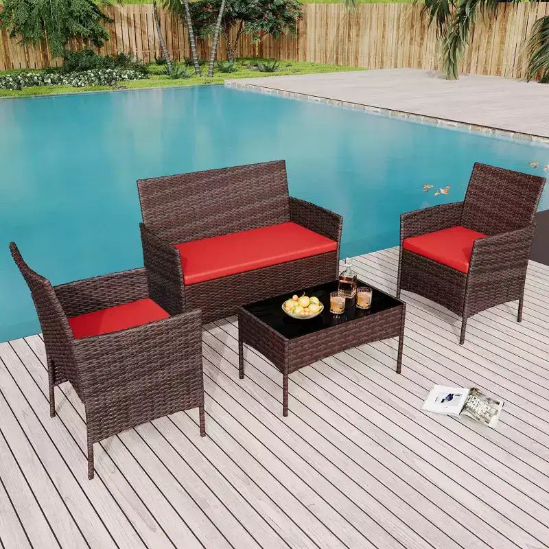 4-teiliges Terrassenmöbel-Set aus Korbgeflecht mit Couchtisch aus Glas, graues Rattan-Sitzgruppe mit waschbaren Kissen für Garten, Veranda und Terrasse