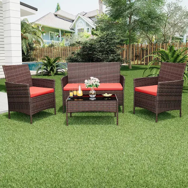 4-teiliges Terrassenmöbel-Set aus Korbgeflecht mit Couchtisch aus Glas, graues Rattan-Sitzgruppe mit waschbaren Kissen für Garten, Veranda und Terrasse