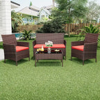 4-teiliges Terrassenmöbel-Set aus Korbgeflecht mit Couchtisch aus Glas, graues Rattan-Sitzgruppe mit waschbaren Kissen für Garten, Veranda und Terrasse