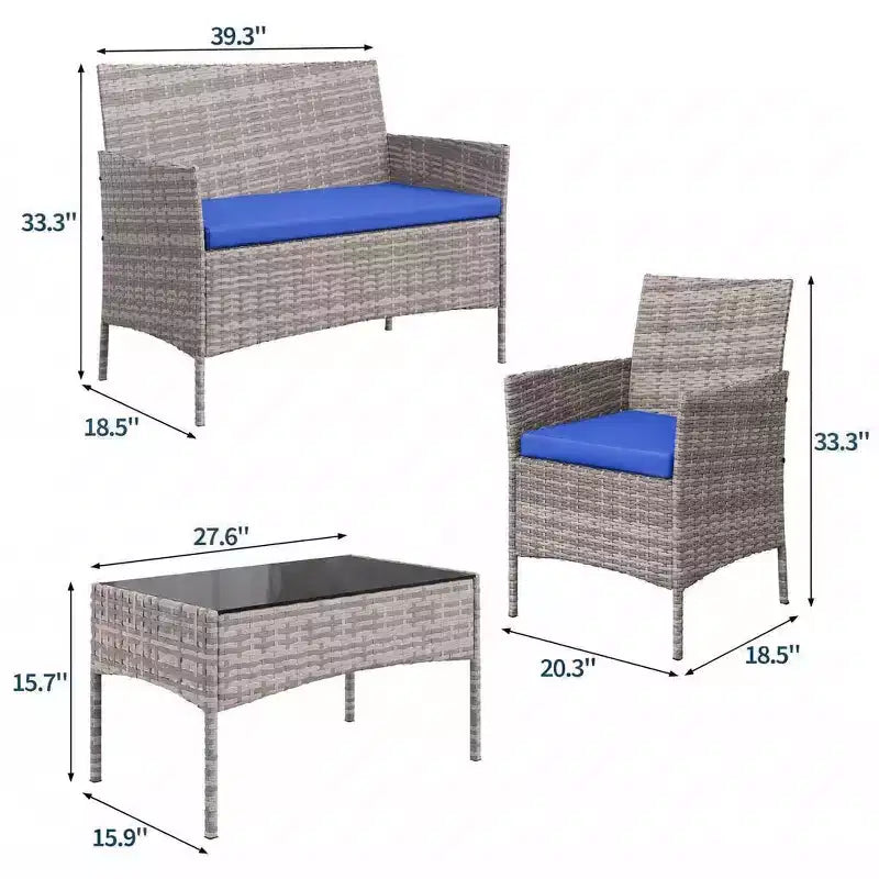 4-teiliges Terrassenmöbel-Set aus Korbgeflecht mit Couchtisch aus Glas, graues Rattan-Sitzgruppe mit waschbaren Kissen für Garten, Veranda und Terrasse