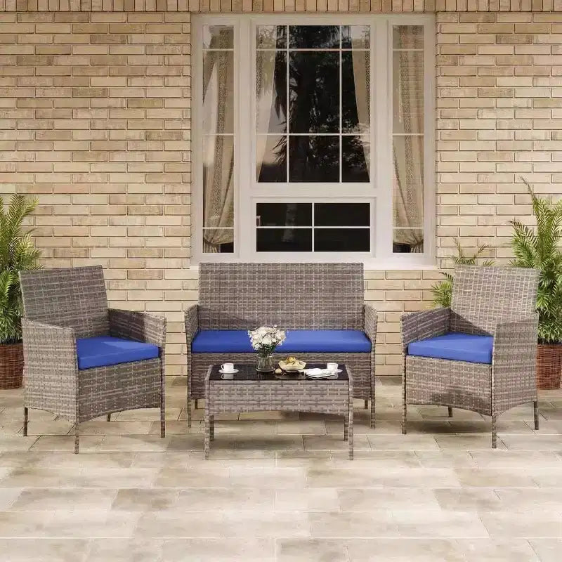 4-teiliges Terrassenmöbel-Set aus Korbgeflecht mit Couchtisch aus Glas, graues Rattan-Sitzgruppe mit waschbaren Kissen für Garten, Veranda und Terrasse