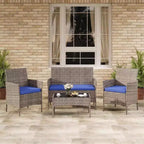 4-teiliges Terrassenmöbel-Set aus Korbgeflecht mit Couchtisch aus Glas, graues Rattan-Sitzgruppe mit waschbaren Kissen für Garten, Veranda und Terrasse