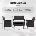 4-teiliges Terrassenmöbel-Set aus Korbgeflecht mit Couchtisch aus Glas, graues Rattan-Sitzgruppe mit waschbaren Kissen für Garten, Veranda und Terrasse
