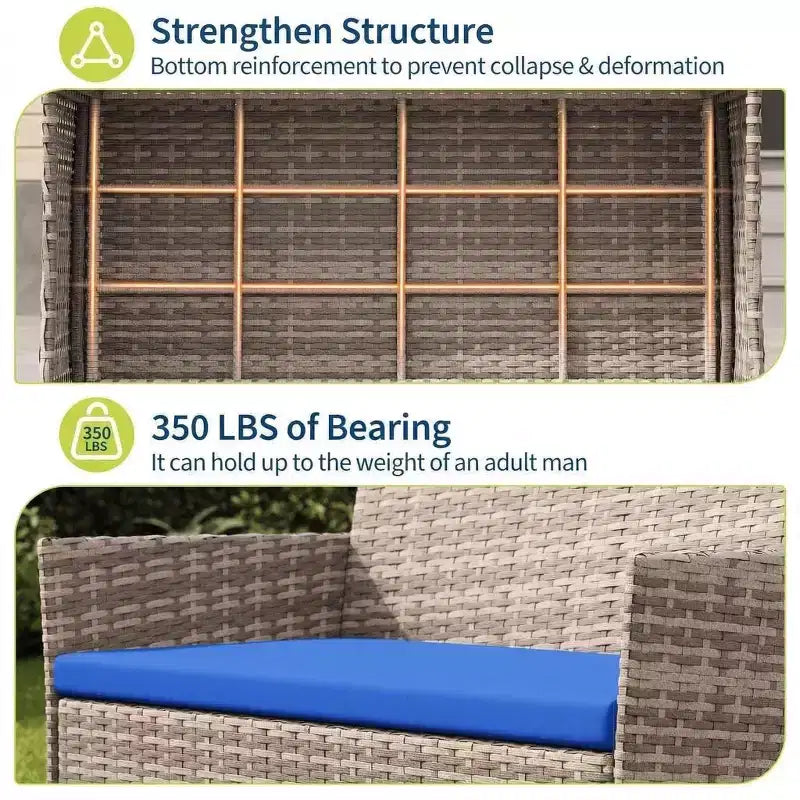4-teiliges Terrassenmöbel-Set aus Korbgeflecht mit Couchtisch aus Glas, graues Rattan-Sitzgruppe mit waschbaren Kissen für Garten, Veranda und Terrasse