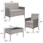 4-teiliges Terrassenmöbel-Set aus Korbgeflecht mit Couchtisch aus Glas, graues Rattan-Sitzgruppe mit waschbaren Kissen für Garten, Veranda und Terrasse
