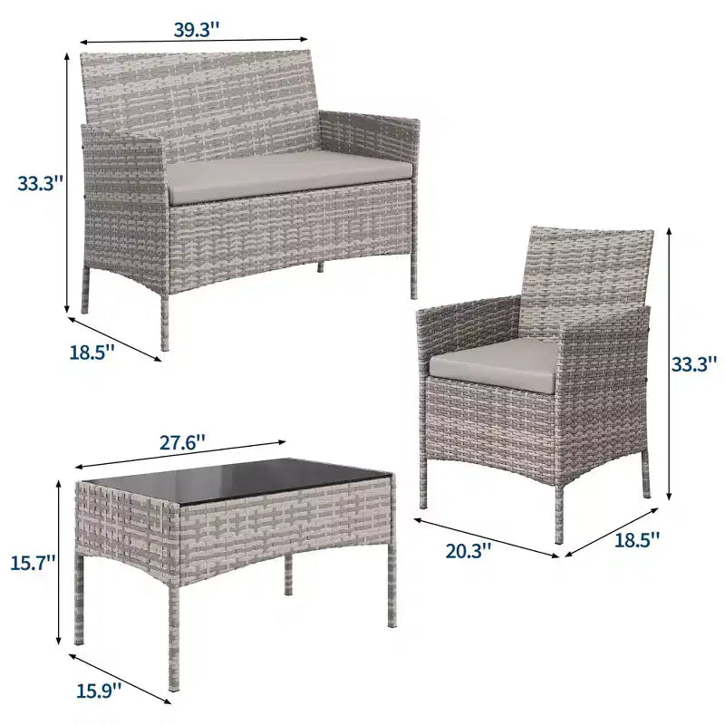4-teiliges Terrassenmöbel-Set aus Korbgeflecht mit Couchtisch aus Glas, graues Rattan-Sitzgruppe mit waschbaren Kissen für Garten, Veranda und Terrasse